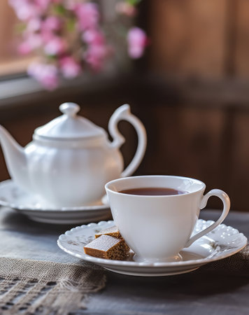 White tea set with cookies on a wooden table on a background of flowersの素材