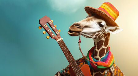 Giraffe plays the guitar wearing a colorful hat, isolated on a color background. Place for textの素材