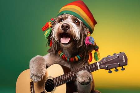 The dog plays the guitar in a multi-colored hat on green. Place for textの素材