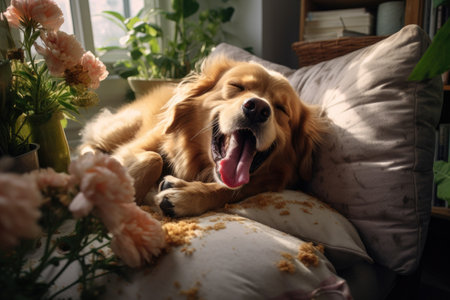 Golden retriever dog litters on the sofa in the living roomの素材