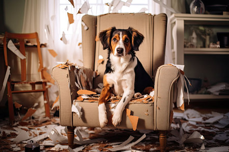 A dog sits in a chair against the background of scattered garbage in the living roomの素材