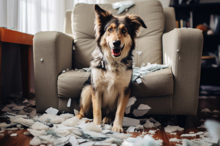 Dogs scattered garbage in the living room near the chairの素材