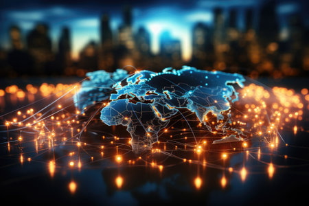 Abstract technology world map background with illuminated fiber optic connections and electronic global intelligence. High Speed ââGlobal Data Transfer Conceptの素材