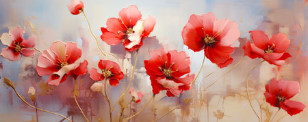 Abstract oil painting Red petals, flowers with golden lines drawn with a palette knife on a light background. Red poppiesの素材