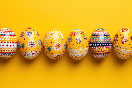 Bright colorful Easter eggs on a yellow background. Easter stylish minimal composition. Place for textの素材