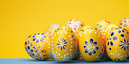 Bright colorful Easter eggs with floral patterns on a yellow background. Easter stylish composition.の素材