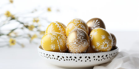 Bright yellow Easter eggs on a light background. Easter stylish minimal composition.の素材