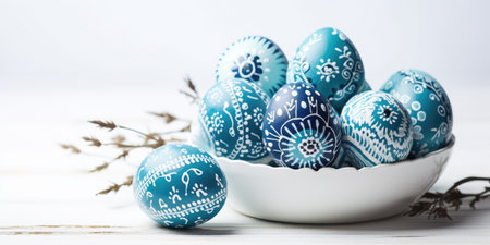 Blue Easter eggs with a pattern on a light background. Easter stylish minimal composition.の素材
