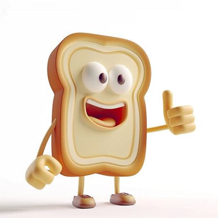 Happy bread toast, thumbs up, 3D cartoon. Isolated on white backgroundの素材