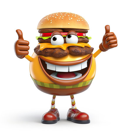 Happy burger, thumbs up, 3D cartoon hamburger. Isolated on white backgroundの素材