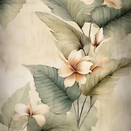 Boho style wallpaper, Vintage botanical illustration of tropical leaves and flowersの素材