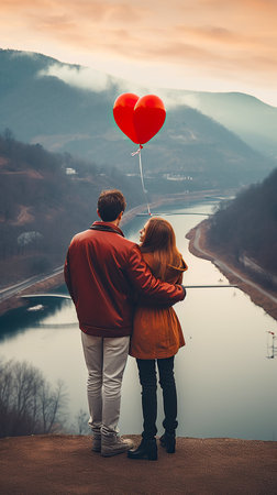 Couple in love holding red heart shaped balloon on the background of mountainsの素材