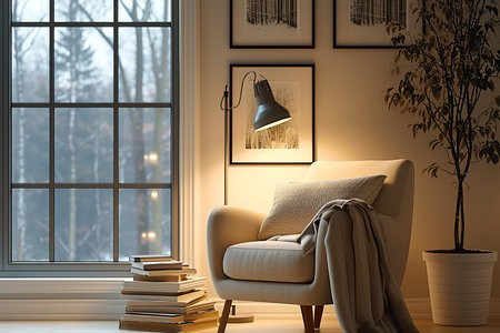 Living room interior with armchair, books and window. 3d renderの素材