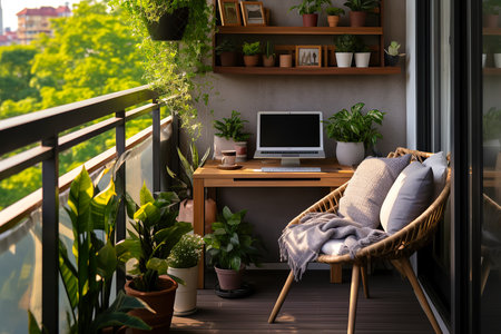 Modern terrace with computer and plants, view on city. Home officeの素材