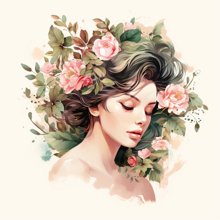Portrait of beautiful young woman with flowers in her hair. Vector illustration.の素材