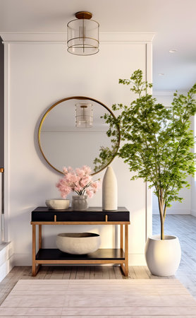 Interior of a modern living room with a round mirror. 3d renderの素材