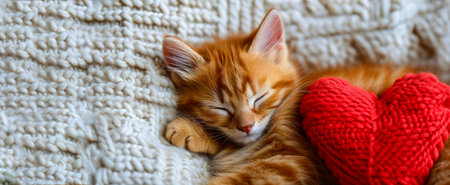 Cute ginger kitten sleeping on knitted blanket with red heart.の素材