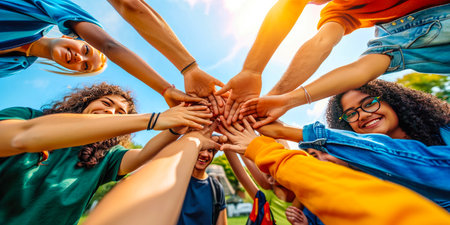 multiethnic group of young students stacking hands on top of each otherの素材