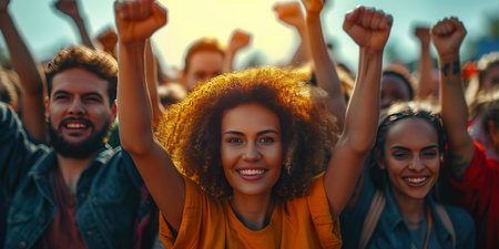 Group of young people having fun and dancing at a music festival.の素材