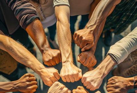 Low angle view of a group of people holding hands together in a circleの素材