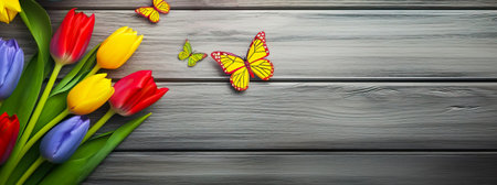 Tulips and butterflies on wooden background. Top view with copy spaceの素材