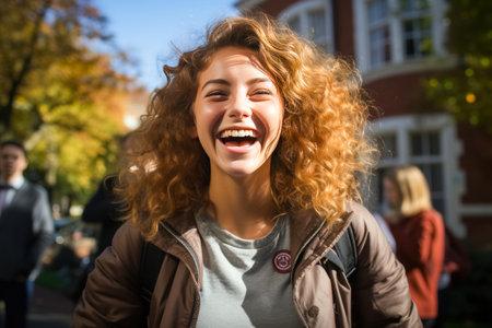 Close up portrait of beautiful happy female student, with curly hair flying in the windの素材