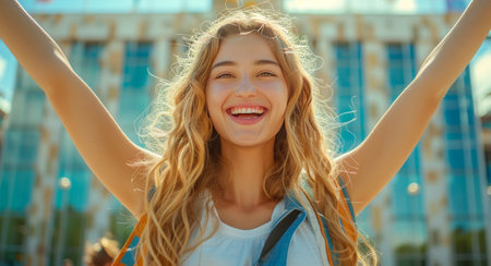 Cheerful young woman with long blond hair and blue backpack in sunny day.の素材