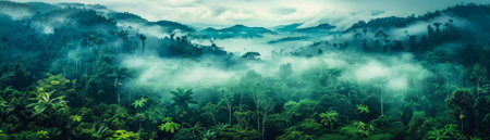 Panorama of the morning mist in the jungle. Panoramic view of the tropical forest.の素材