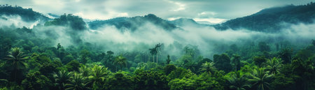 Panorama of green tropical forest with palm trees and fog in the morningの素材