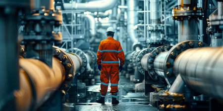 Industrial worker in orange uniform walking in the factory. Industrial background.の素材