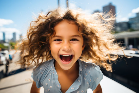 Cute little girl laughing and having fun outdoors with curly hair flying in the windの素材
