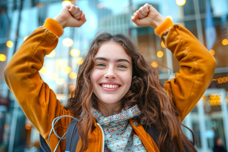Close up portrait of a beautiful happy female student, with curly hair, rejoicing in victory, new opportunities, getting good test resultsの素材