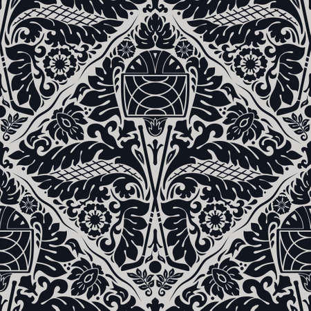 Traditional damask featuring hockey equipment: a helmet, two sticks, a puck, a net with distinctive symmetrical florals, acanthus leaves, elaborately scrolled motifs and other natural elements, black.のイラスト素材