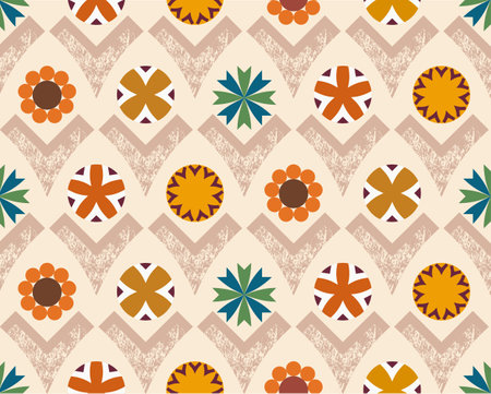 Neutral earthy grounded warm hues geometric flowers in various circular and v shapes. Vector surface pattern for backgrounds, digital realm, printed paper products, graphic resources or scrapbooking.のイラスト素材