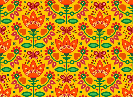 Seamless pattern based on traditional Scandinavian style elements. Bright floral with butterflies, stylized flowers, leaves, plants, berries, other nature's elements and shapes.のイラスト素材