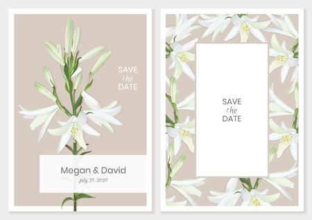Botanical wedding invitation card, template design with white lilies on a beige background. Stock vector illustration.のイラスト素材