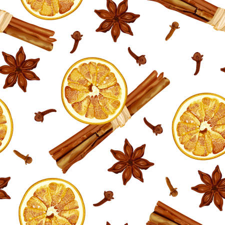 Seamless pattern with cinnamon sticks, dried orange slices, aniseed stars and cloves. Christmas and New Year spices. Stock vector illustration isolated on white background.のイラスト素材