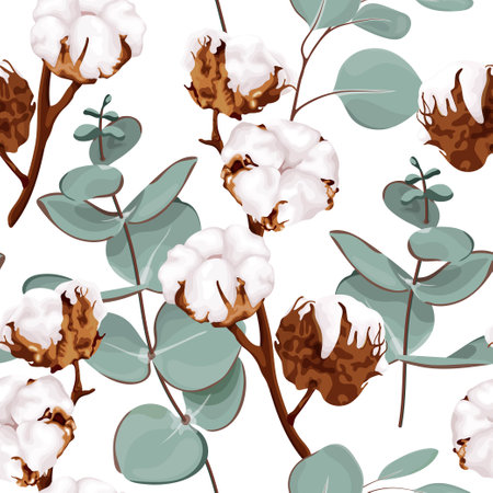 Seamless pattern with cotton flowers and eucalyptus branches. Botanical vector illustration on a white background.のイラスト素材