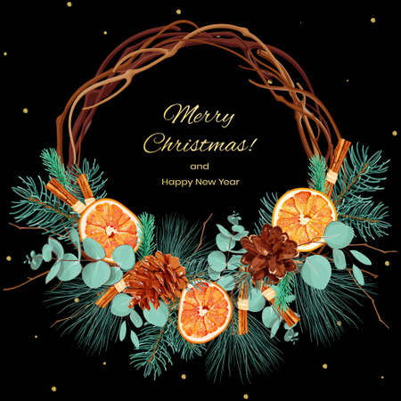 Christmas wreath with fir, pine, eucalyptus branches, pine cones and dried oranges. New Year card, invitation, banner.のイラスト素材
