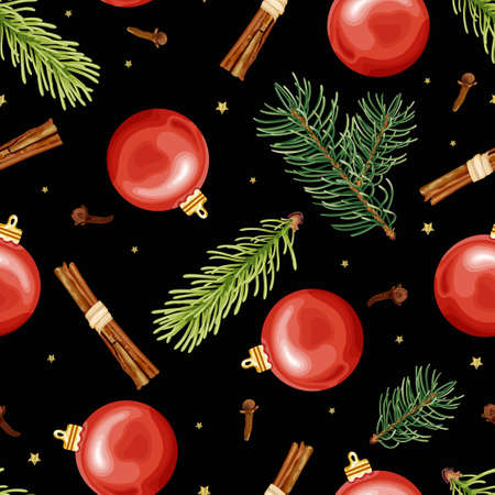 Seamless pattern with Christmas toys, cinnamon, cloves, fir branches and gold confetti on a black background.のイラスト素材