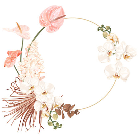 Boho, bohemian wreath with white phalaenopsis orchid flowers, anthurium, hydrangea, palm leaves, eucalyptus.のイラスト素材