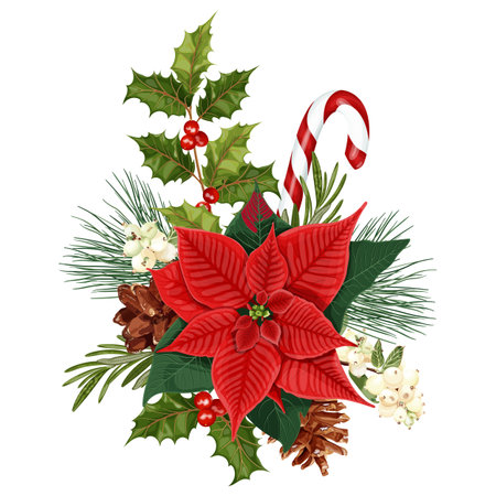 Christmas decor. Bouquet with red poinsettia flower, candy cane, holly, snowberry, pine, cone and rosemary.のイラスト素材