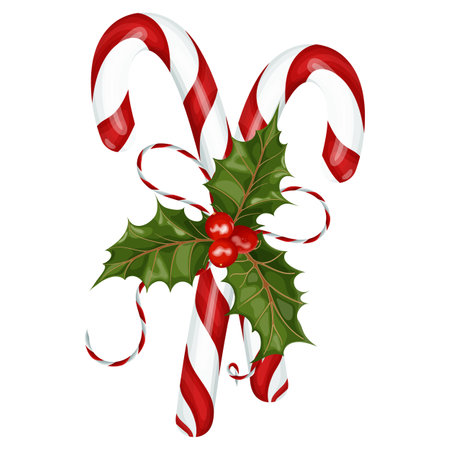 Christmas decor. A bouquet of candy canes and holly, tied with a bow of colorful lace.のイラスト素材