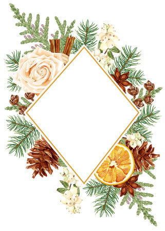 Christmas frame with rose flower, dried orange, fir, thuja, pinecone, snowberry, cinnamon and anise.のイラスト素材