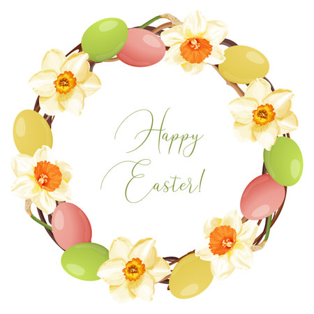 Easter wreath with daffodils and eggs. Frame, invitation, greeting card. Stock vector illustration on a white background.のイラスト素材