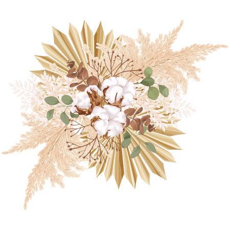 Tropical boho, bohemian bouquet with cotton flower, reed, eucalyptus, palm leaf and dry plants. Stock vector illustration on a white background.のイラスト素材