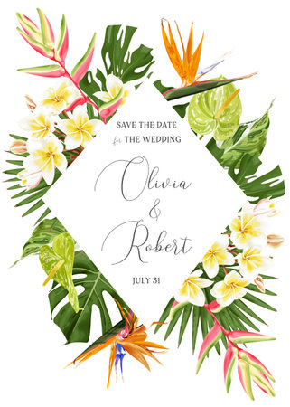Summer frame with tropical flowers and leaves for invitation, banner, greeting card. Vector.のイラスト素材