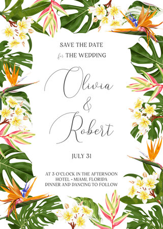 Summer frame with tropical flowers and leaves for invitation, banner, greeting card. Vector.のイラスト素材