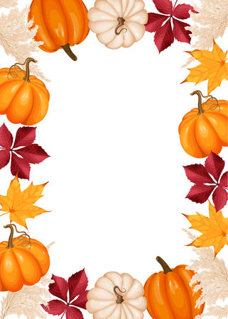 Autumn-themed vector illustration of a frame with pumpkins, leaves, and decorative elements.のイラスト素材