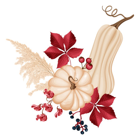 A beige pumpkin with burgundy leaves and red berries, surrounded by autumnal foliage, creating a festive and seasonal decoration.のイラスト素材